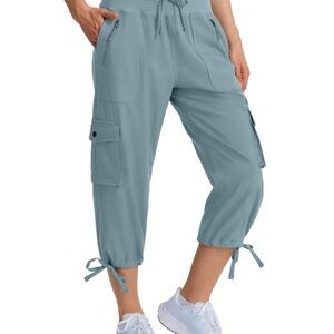 Light Blue Cargo Crop Pants with Drawstring Ties